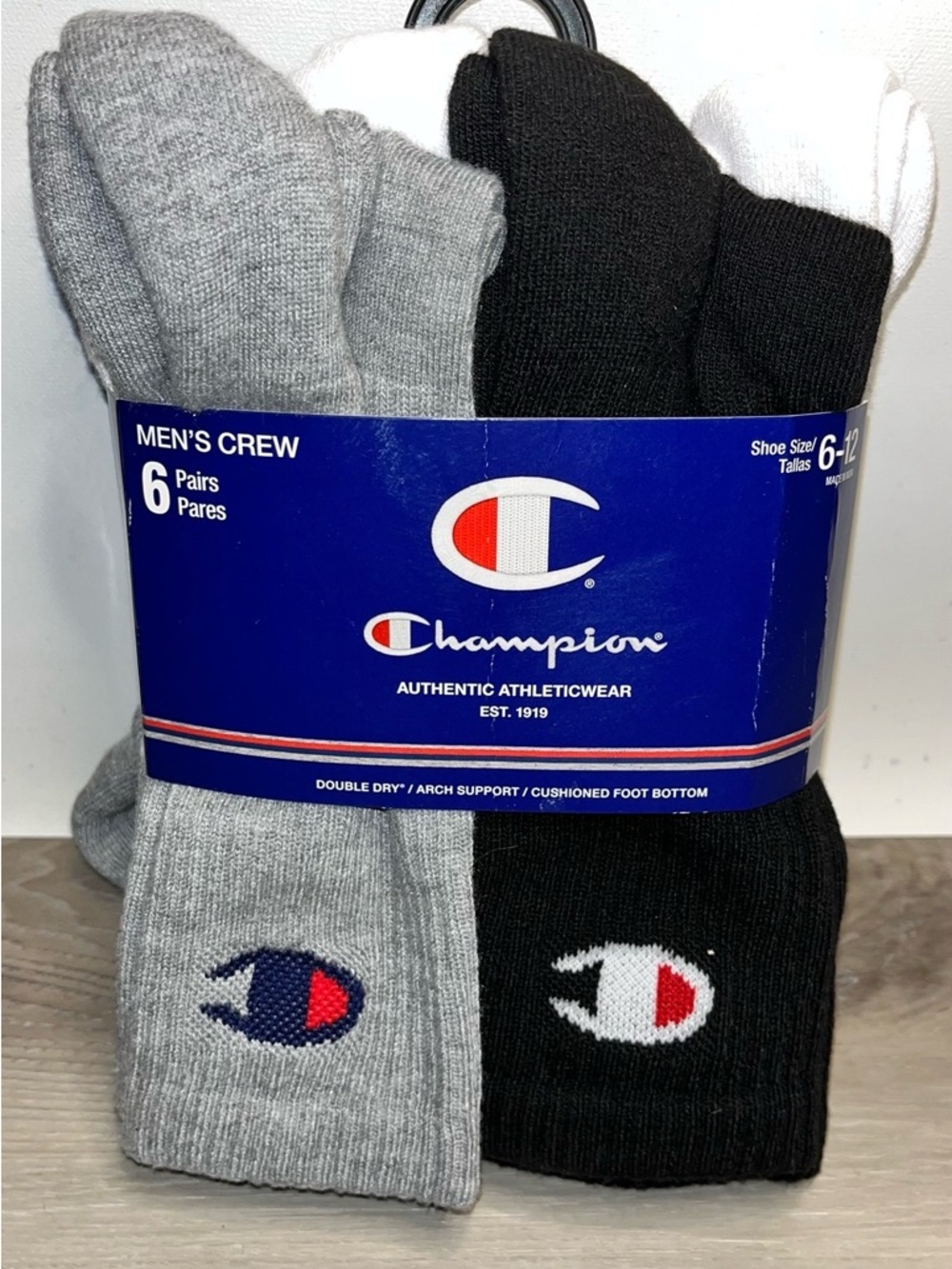 Champion Men’s 6-Pack Crew Socks - Black, Gray, White